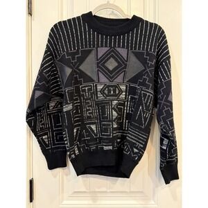 Vintage Colore Collezione Sweater Sz S Black Purple Geometric Abstract Knit‎